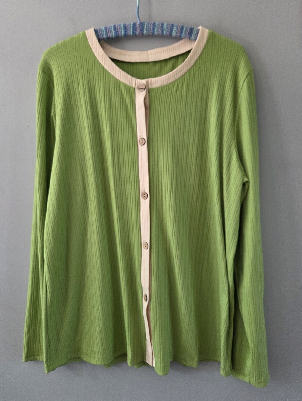 Cardigan Womens Lime Green With Cream Ribbed Lightweight Buttons Women Size XL